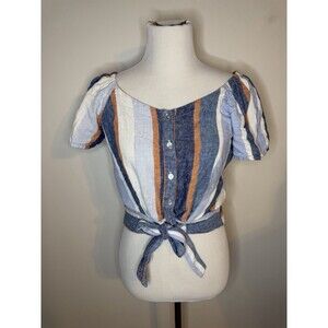 Striped Linen Blend Button Tie Front Top Puff Sleeve Boho Concert Small